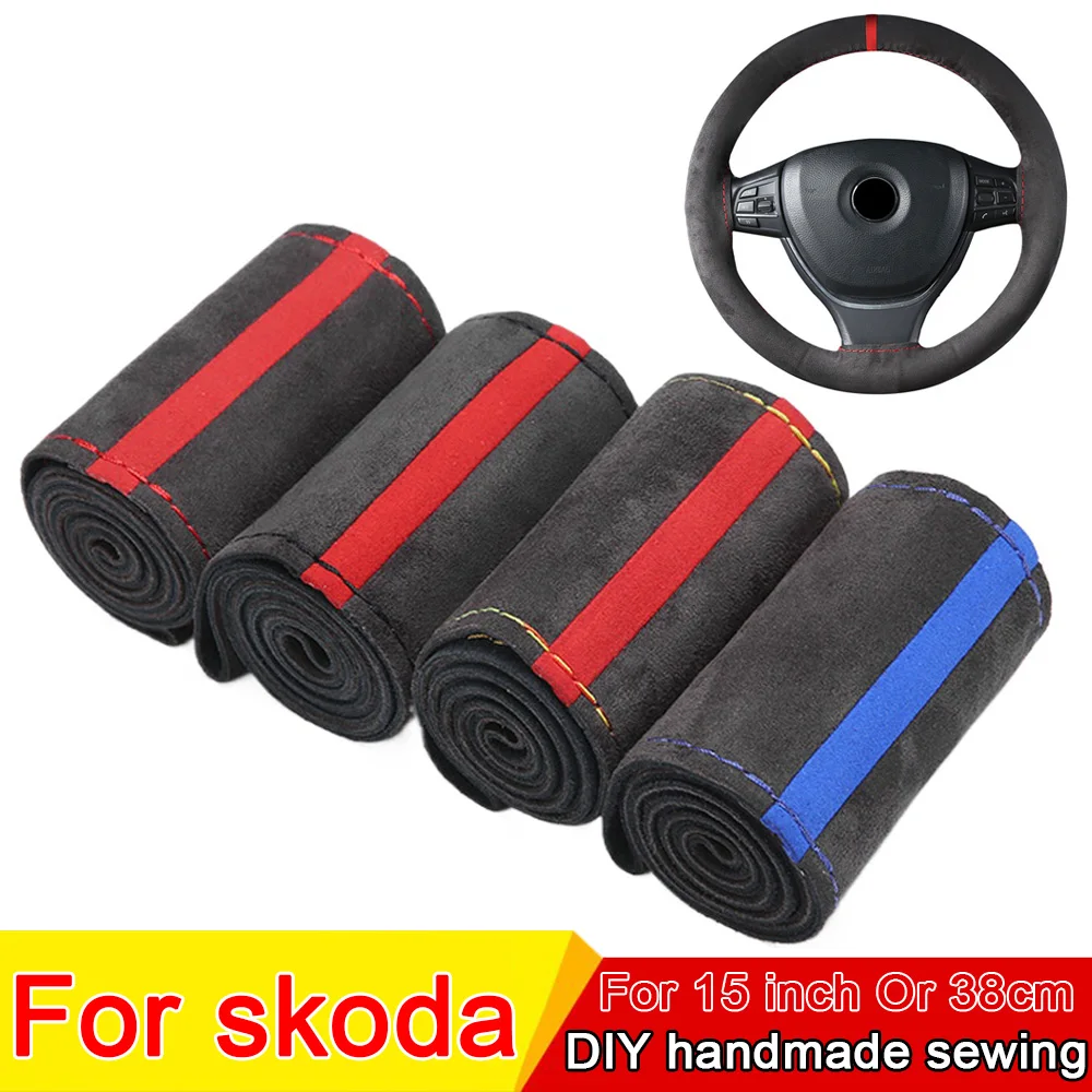 DIY Suede Hand-Stitched With Thread Needle Car Steering Wheel Cover For Skoda Octavia Fabia Karoq Kamiq Roomster Kodiaq Rapid