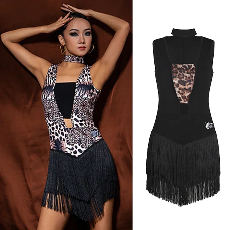 

2023 Latin Dance Dress Women Leopard Fringed Dress Summer Cha Cha Rumba Dance Clothing Adult Practice Wear Club Dress DNV17923