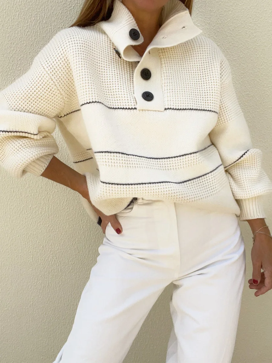 Women's Solid Color Long Sleeved Sweater with Loose Striped High Neck Button Knit Sweater for Autumn 2024