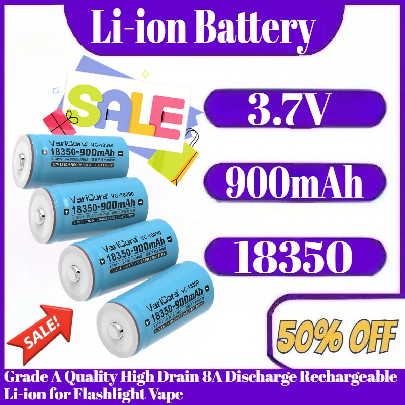 

18350 Battery 900mAh 3.7V Grade A Quality High Drain 8A Discharge Rechargeable Li-ion for Flashlight Vape