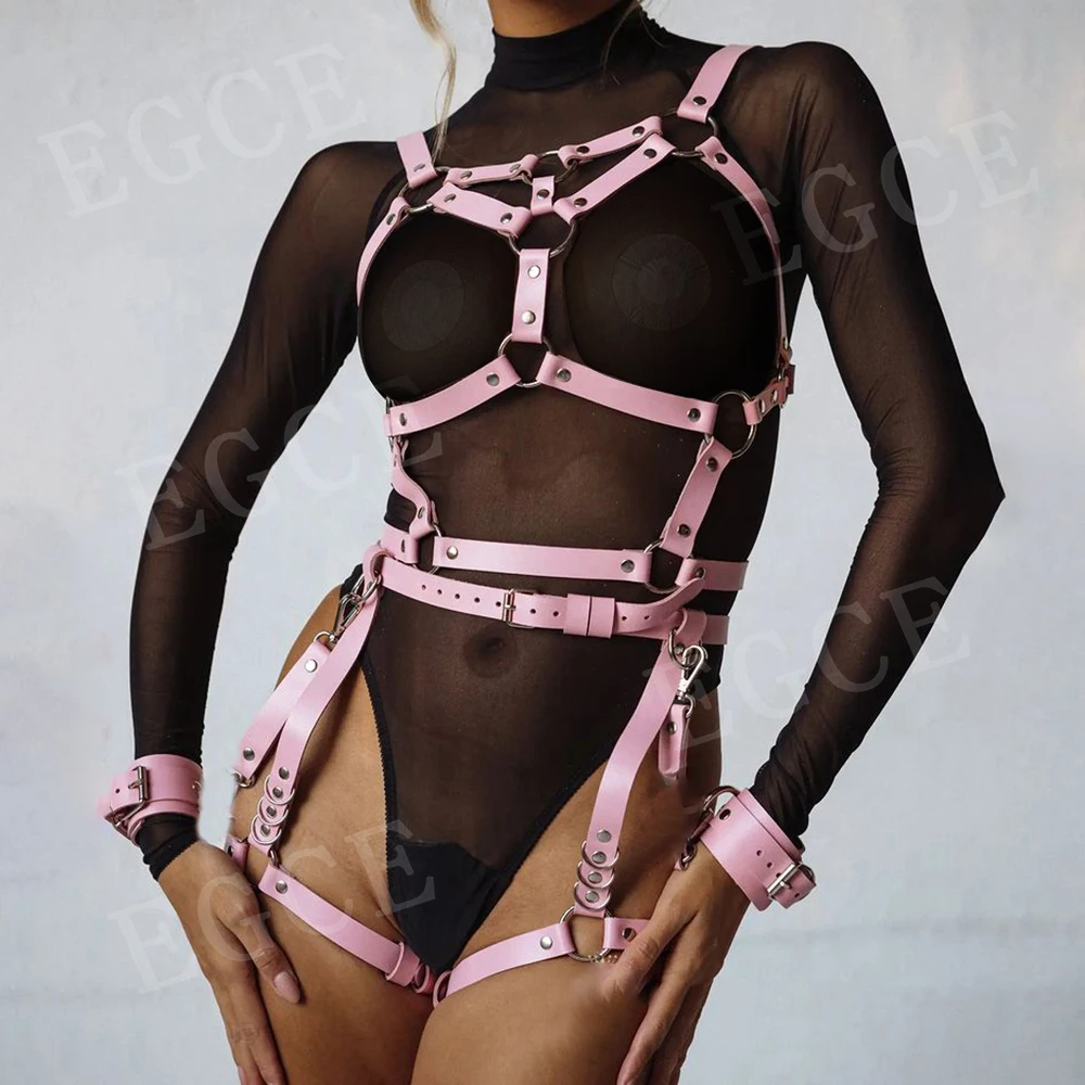 Bdsm Pu Leather Harness Woman Sets Lingerie Sexy Full Body Bondage Garter Belt Stockings Goth Pink Women\'s Underwear Sword Belt