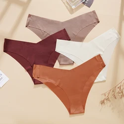 Women Seamless Briefs Sexy V-Waist Underwear Solid Colors Ice Silk No Trace Panties Female Breathable Intimates Lingerie