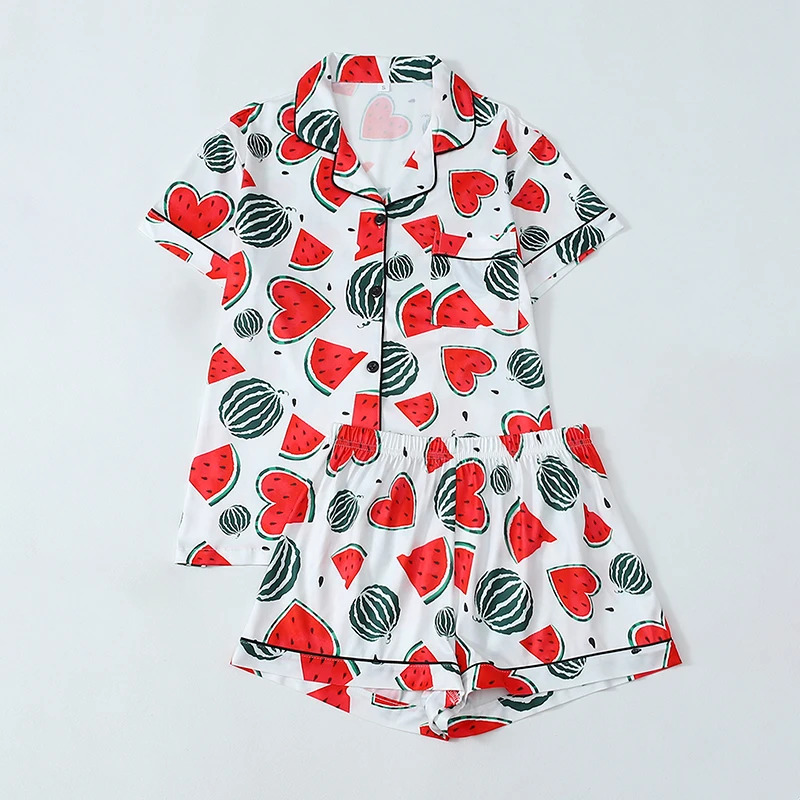 

2Pcs Watermelon Printing Summer Sleepwear Women Casual Loungewear Comfortable Soft Loungewear Loose Button-up Tops Shorts Set