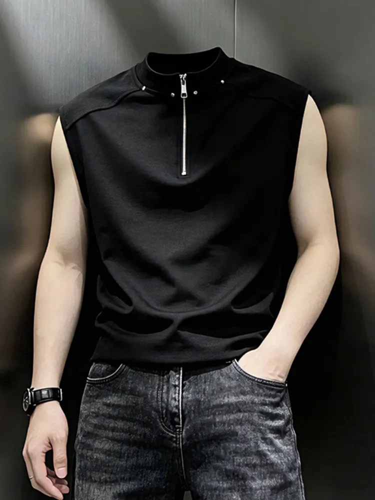 Black Half Zipper Shoulder Vest Men's Summer Trendy Handsome Sleeveless American Rivet Fitness Clothing Casual Style Breathable