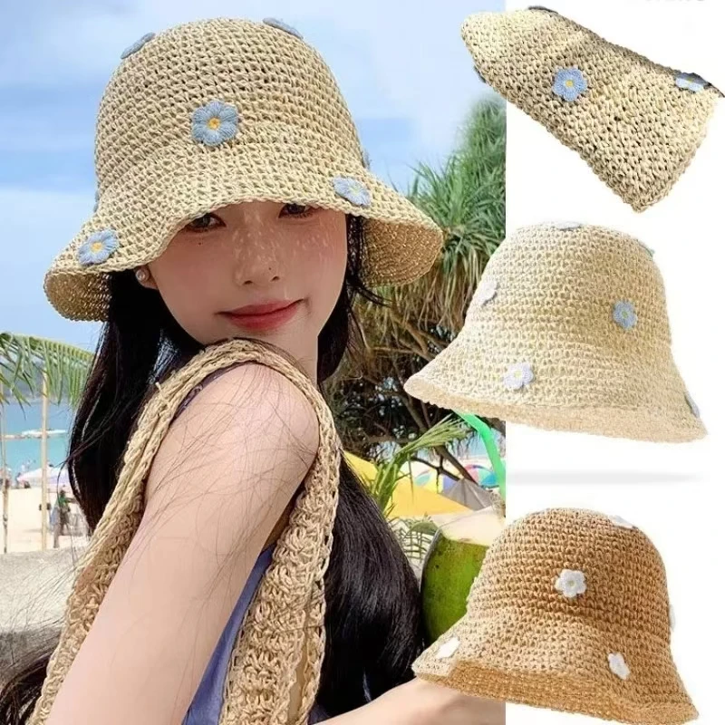 Korean Flower Straw Hat Summer Women Visor Bucket Hat Fisherman Hats Hand Weaving Panama Girl Fishing Chapeau Sun Cap for Women