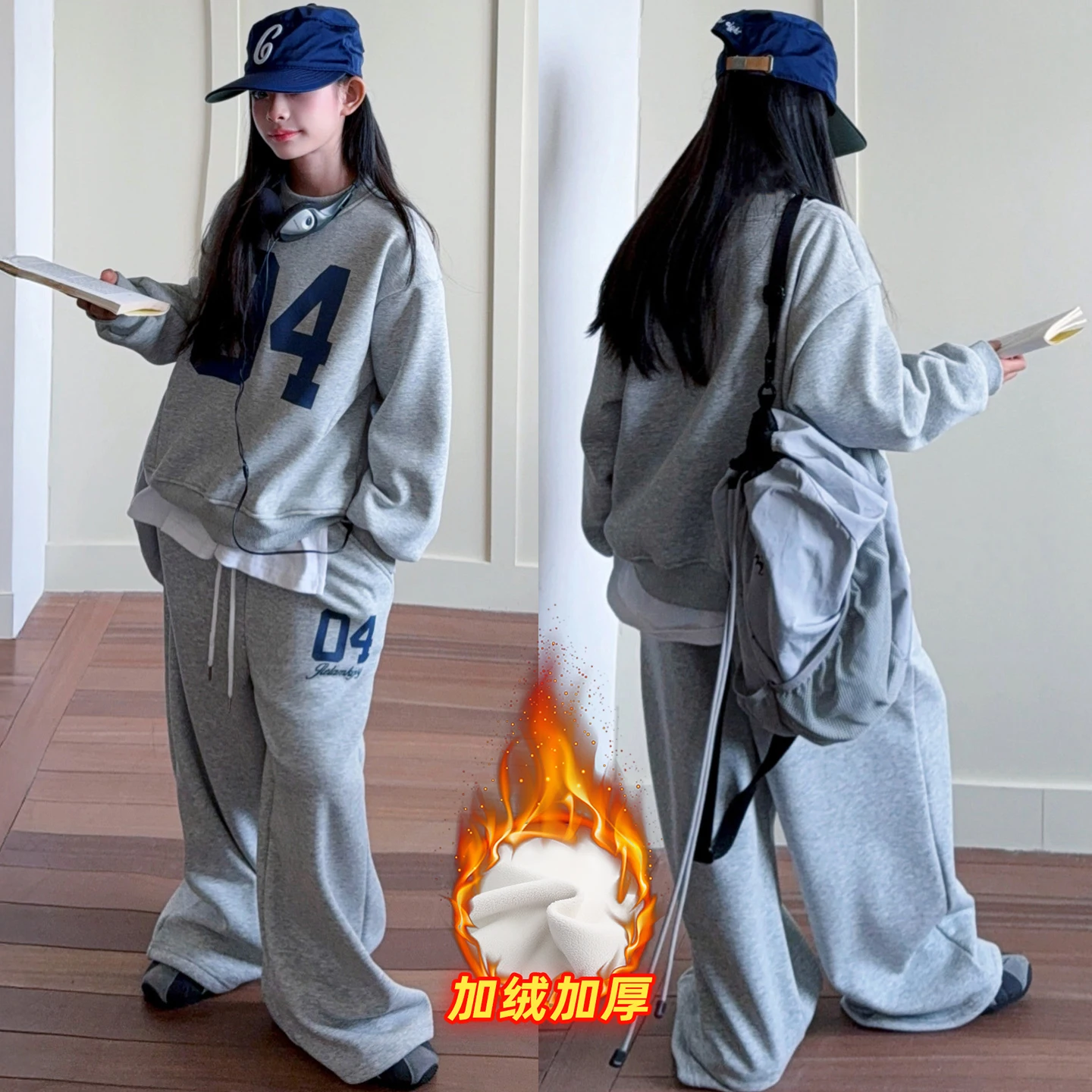 

autumn winter teen girls sport clothes suit Thick velvet digital hoodie+Striped shawl+wide-leg pants 3pcs junior kid outfits set