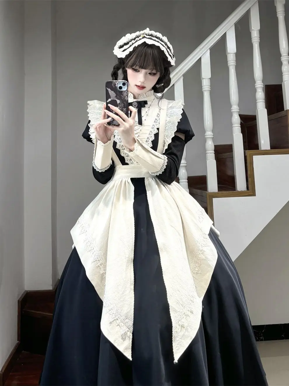 

Japan Lolita Dresses Autumn Winter Dark Dress Nun Style Apron Halloween Costume Puff Sleeve 2024 New