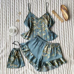 Women's Sexy Ice Silk Satin Ruffled Pajamas Sets Vintage Leaves Cami Shorts Sleepwear Elegant Nightgown Home Suit Pajama 2023