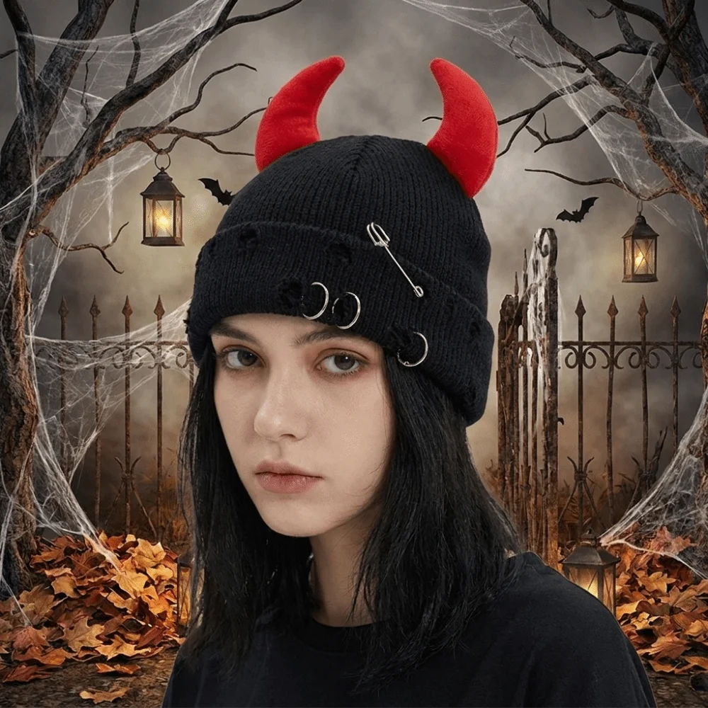 Punk Yarn Devil Horns Hat Distressed Solid Color Winter Pullover Cap Adjustable Hip Hop Knitted Beanie Outdoor
