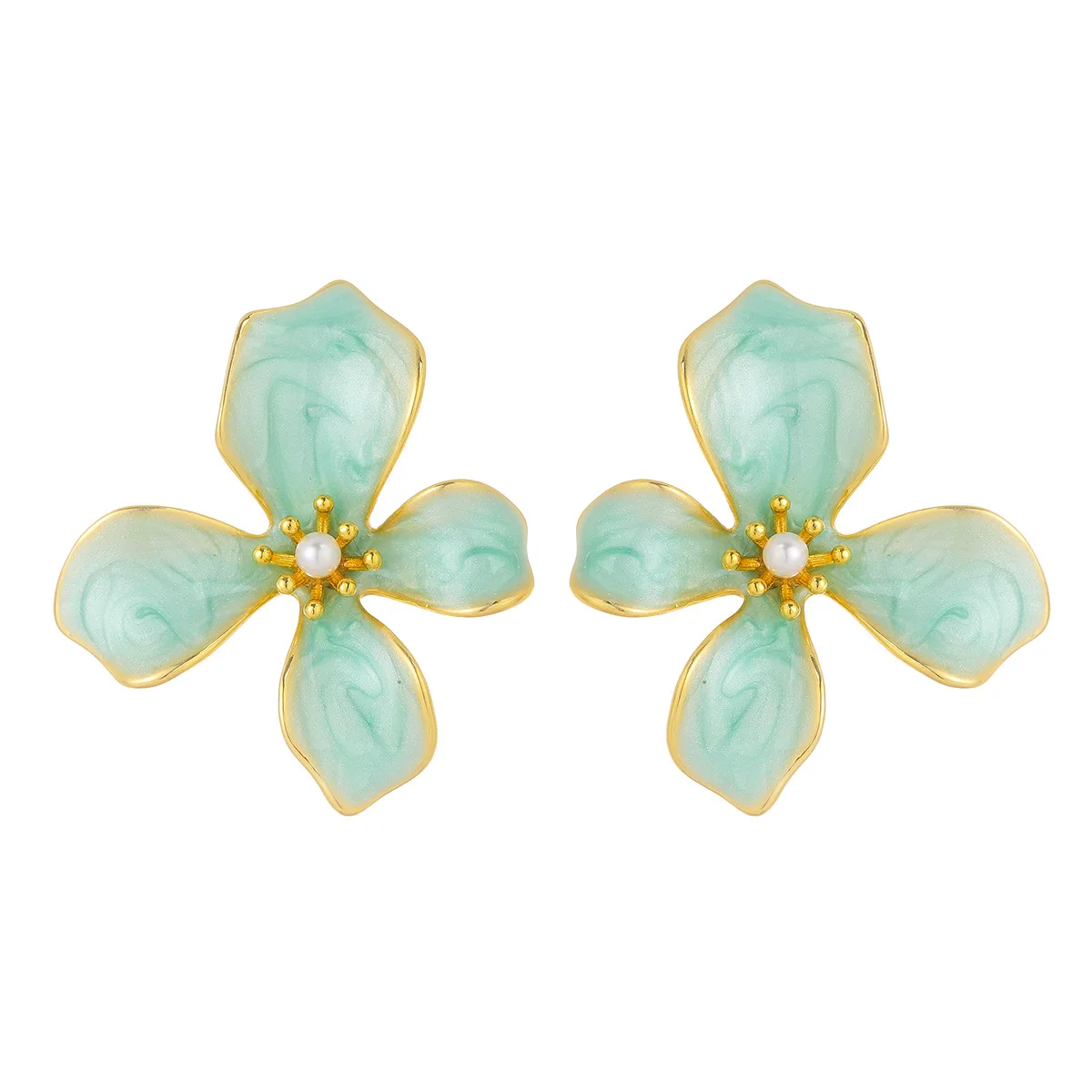 Copper-plated large flower enamel drop-painted ear ring, beautiful caramel-colored ear stud jewelry for women