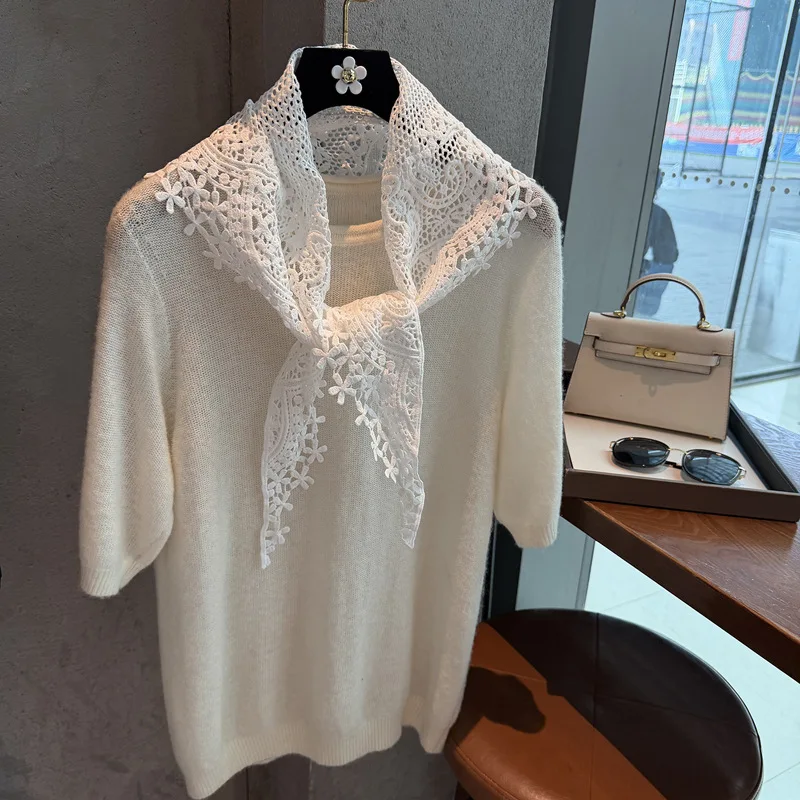 Korean Lace Crochet Hollow Triangle Scarf Women's Summer Thin Versatile Literary Stacking Fart Curtain Decorative Small Shawl