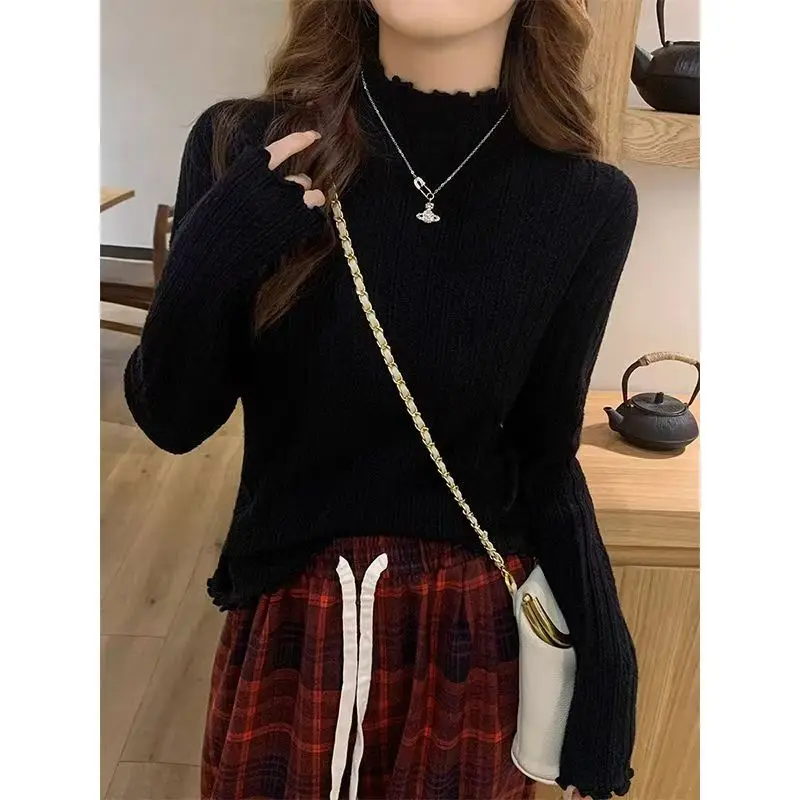 

Women's Clothing Elegant All-match Ruffled Collar Knit Pullovers Autumn Winter Fashion Slim Long Sleeve Sweater Solid Fleece Top