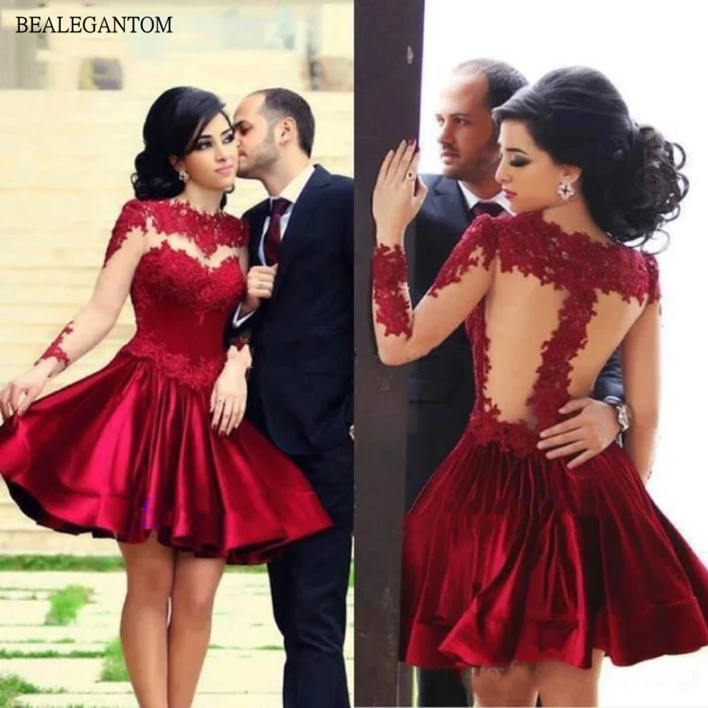 Bealegantom Burgundy Long Sleeves Homecoming Dresses 2024 Appliques Lace Short Graudation Cocktail Prom Party Gown QA250