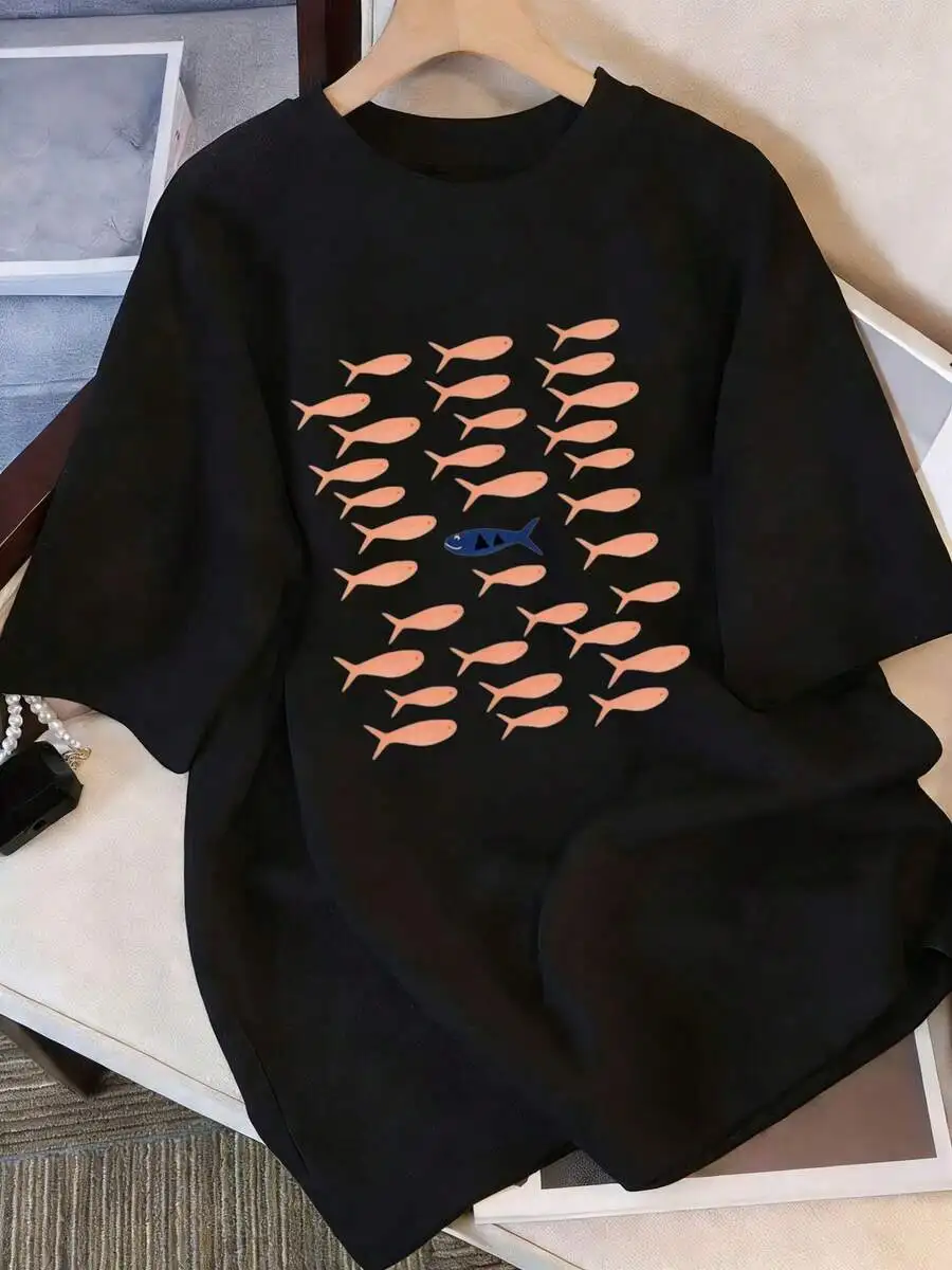 

Womens Loose Polyester T-Shirt With Fish Print Casual Crew Neck Top