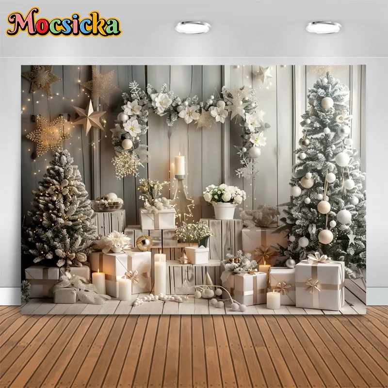 Mocsicka White Christmas Photography Background Xmas Tree Candles Gifts Wooden Wall Backdrop Booth New Year's Eve Photo Studio