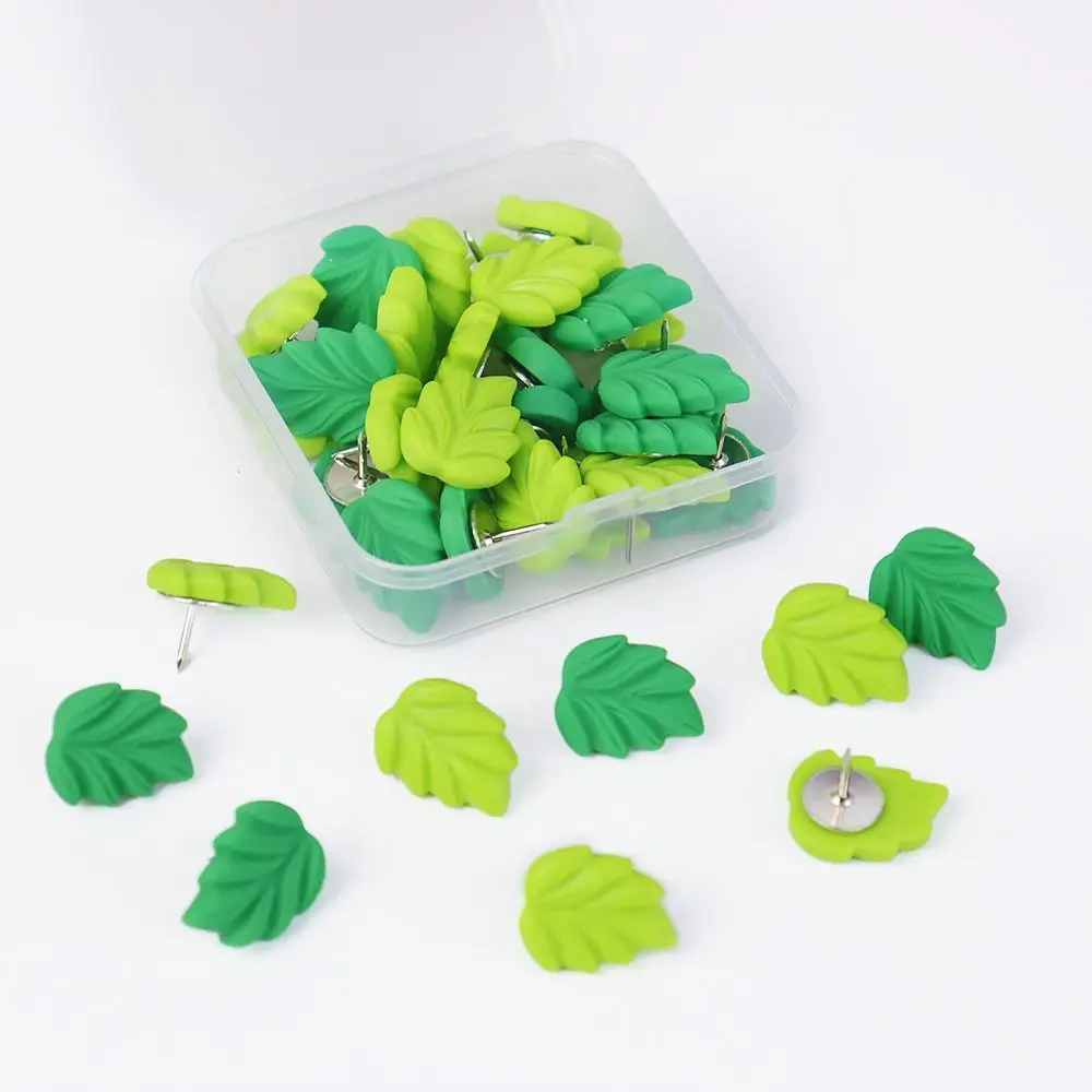 50pcs Green Leaves Shape Plastic Colored Metal Push Pins Thumbtacks Map Pin Pushpin For Art Photo Message Wall Thumb Tack