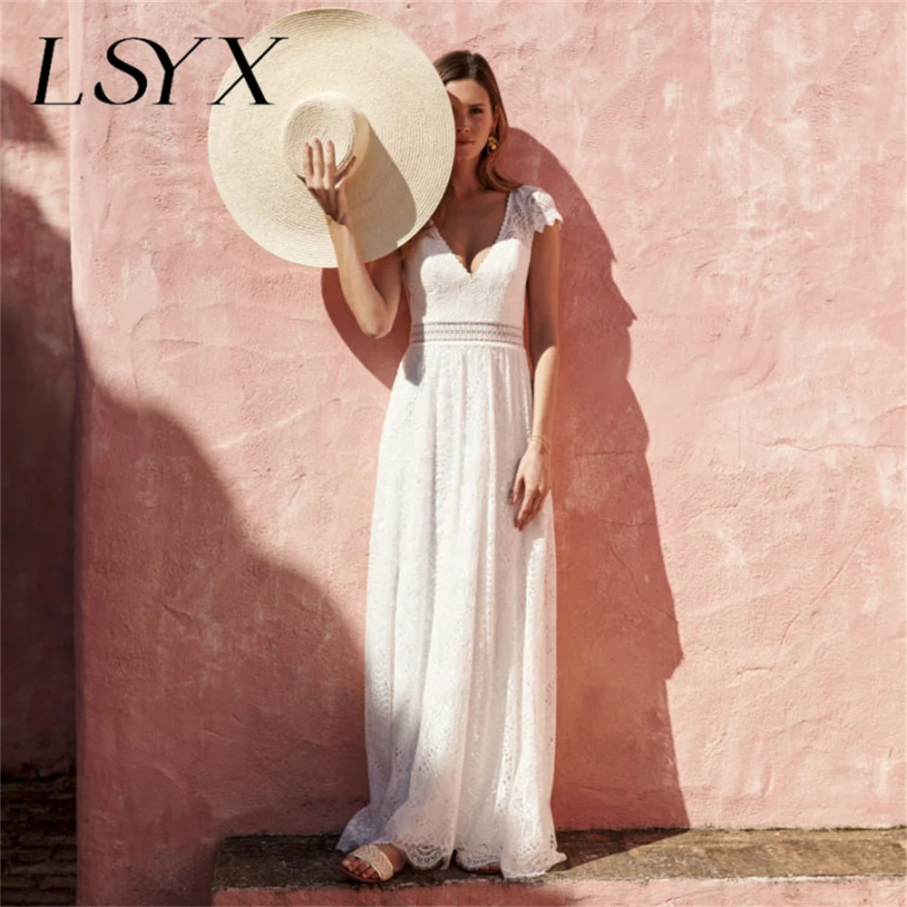 LSYX-vestido De novia De gasa con cuello en V, traje De encaje recortado, Mangas De casquillo, largo hasta el suelo, espalda abierta, estilo bohemio