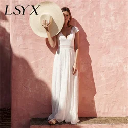 Lsyx chiffon a-line V-Ausschnitt Spitze aus geschnitten Strand Hochzeits kleid Mütze Ärmel bodenlangen offenen Rücken Brautkleid Boho Robe de Marie