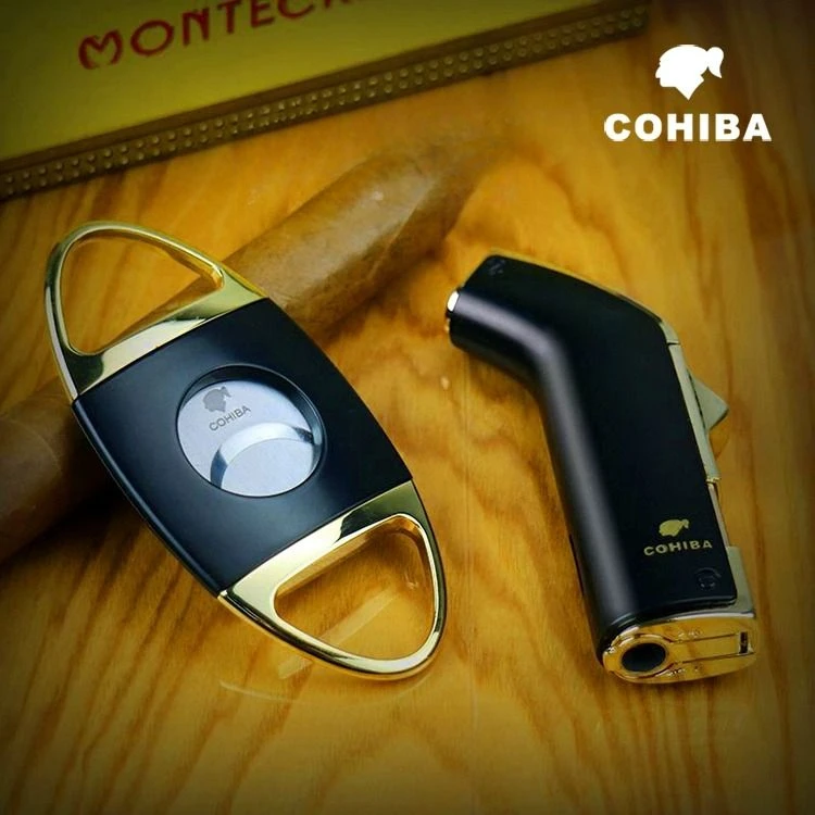 Cohiba Cigar Lighter Set with Cigar Cutter Double Tube Windproof Jet Flame Torch Lighter Smoking Accessories with Gift Box