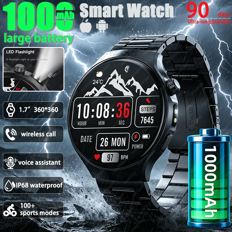 New 1.7' Large Screen 1000mAh Long Standby Outdoor Smartwatch Men IP68 Waterproof Heart Rate Sport BT Calls Fitness Smart Watch