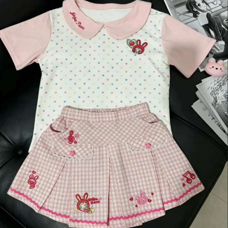 Harajuku Y2K Women 2 Piece Set Kawaii Japanese Lolita Sweet Bow Cat Print T‑Shirt Lovely Cake Mini Skirt Casual Matching Outfit