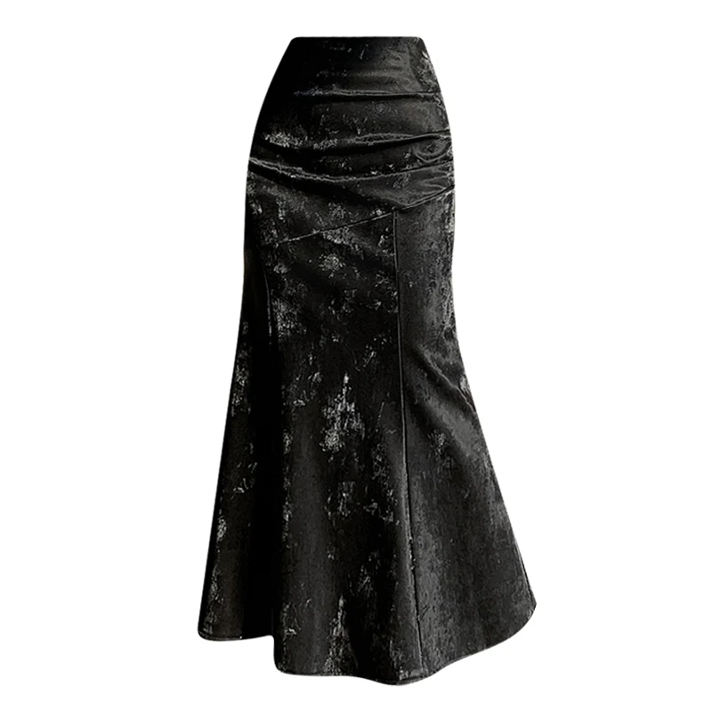 2023 Autumn/Winter Slim Pleated Sexy Wrapped Hip Skirt Mid length Dark Flower Leather Skirt Half length Skirt Fishtail Skirt