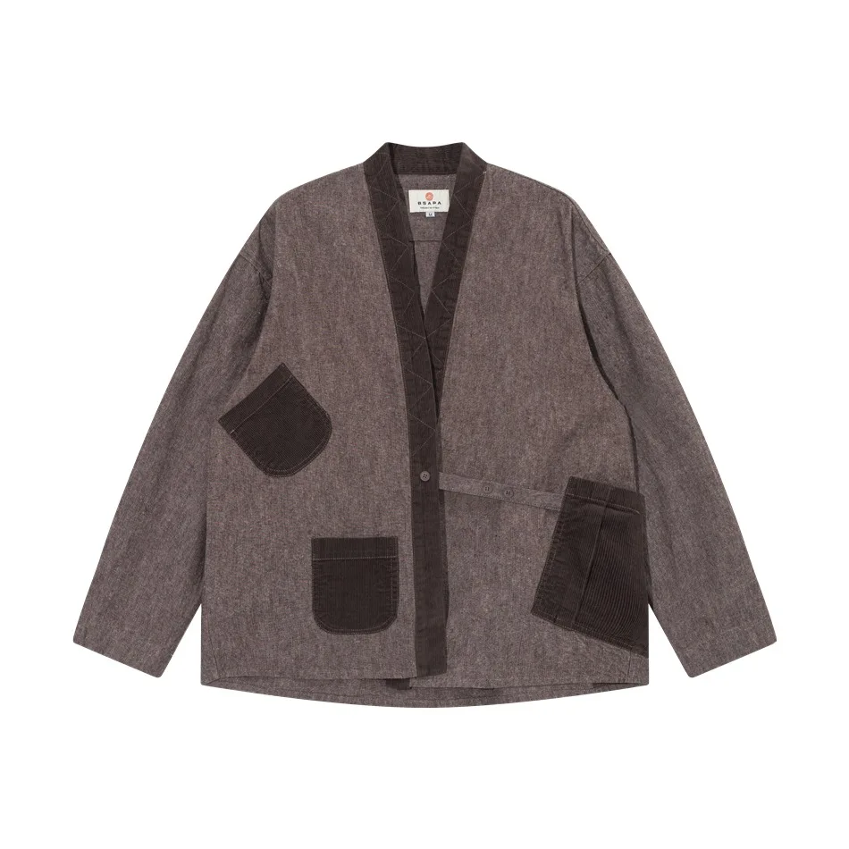 Men Chinese Vintage Fashion Loose Casual Splice Corduroy Denim Robe Cargo Jacket Japanese Streetwear Kimono Cardigan Coat