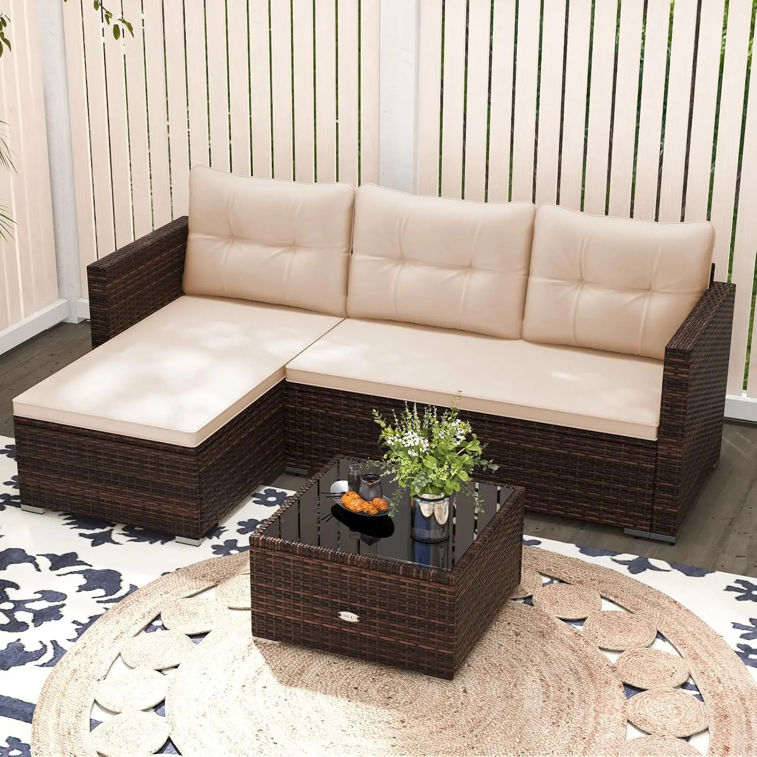 PE Rattan L-Shaped Sectional Sofa w/Cushions & Glass Coffee Table, Outdoor Patio Furniture for Backyard Garden Porch, Customized