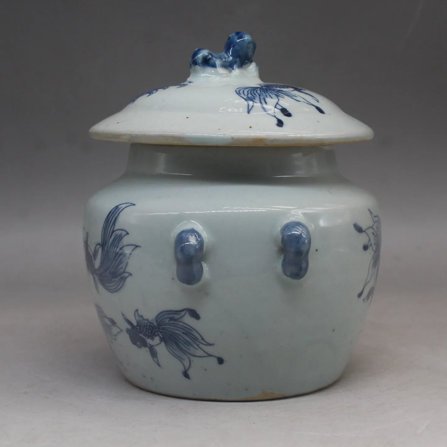 Blue and White Underglaze Porcelain Tea Caddy - Fish and Algae Pattern Ceramic Canister, Vintage Home Decor Ornament