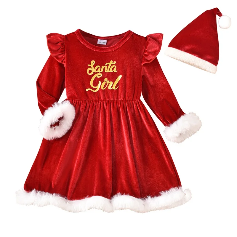 Little Girl Christmas Velvet Dress Letter Print Fuzzy Trim Round Neck Ruffle Long Sleeve Dress with Santa Hat 2 Piece Set