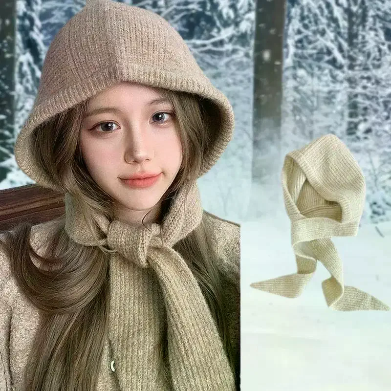 الكورية هود وشاح بالاكلافا قبعة سدادات حماية الأذن الدافئة منفذها القبعات النساء الرجعية حزام القوس بيني الشتاء اكسسوارات محبوك القانون قبعة #4