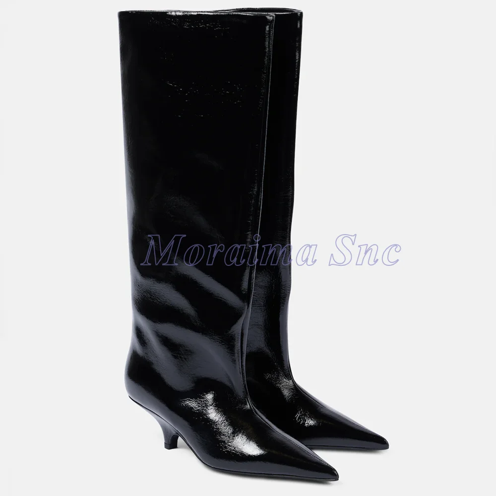 

Pointed Toe Strange Low Heel Knee High Boots Slip On Elegant Fashion Women Long Modern Boots 2026 New Autumn Winter Black Solid