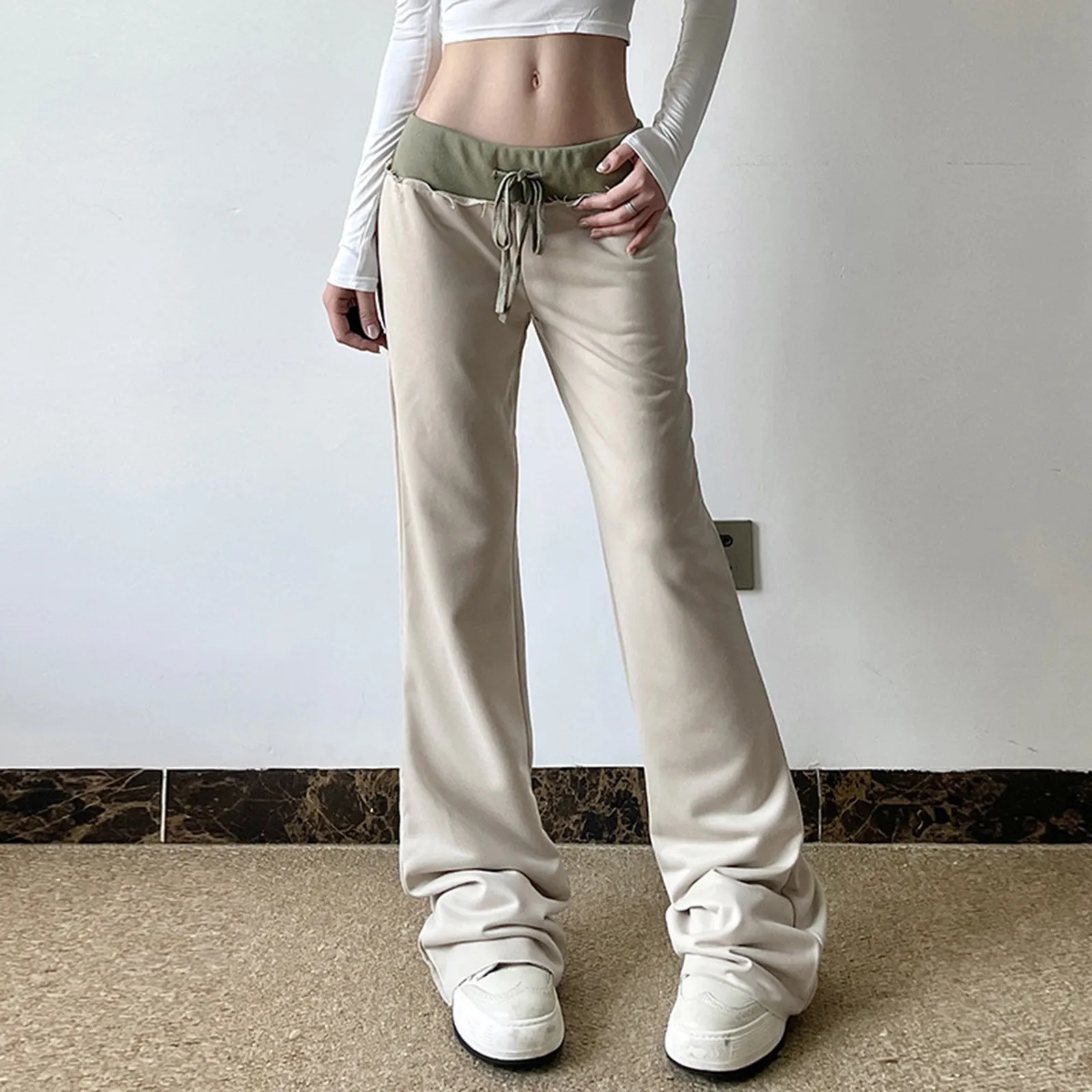 Women Contrast Color Patchwork Flare Pants Korean Fashion Jogger Sweatpants High Waist Slim-Fitting Boot Cut Leggings Streetwear