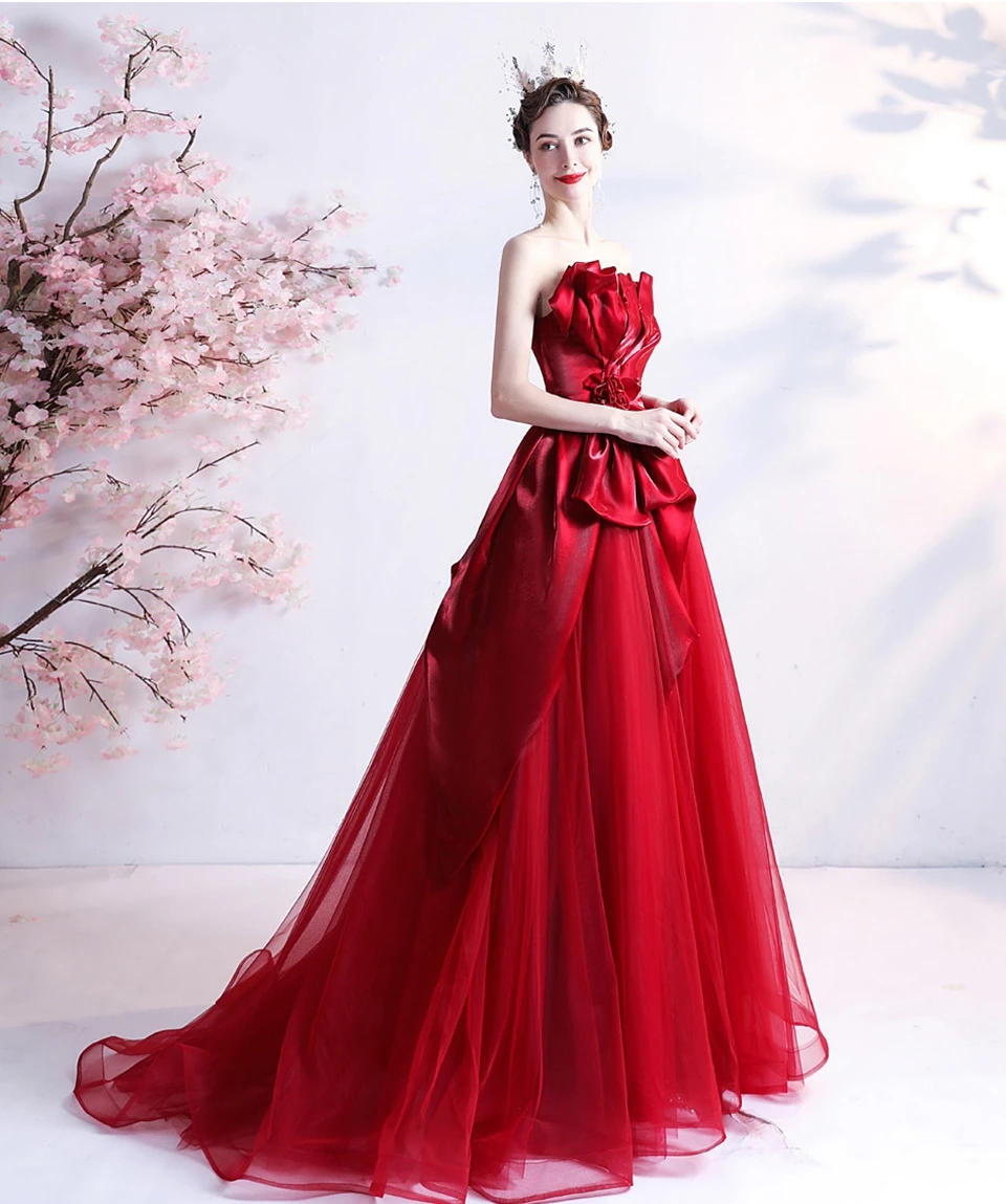 Magnifique bordeaux sans manches Tulle plissé longue formelle fête robes De bal pour les femmes à lacets dos longueur De plancher robes De Festa