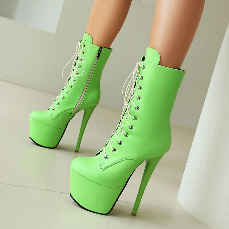 

Женские ботильоны ярких цветов на высоком каблуке, туфли-лодочки на платформе со шнуровкой для танцев на пилоне, сексуальные туфли для стриптиза из лакированной кожи, 16,5 см, WSH5395