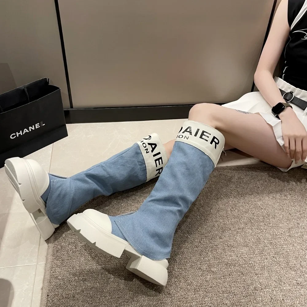 Womens Denim Jeans Knee Thigh Boots Platform Round Toe High Heel Shoes Back Zip Girls New 2024