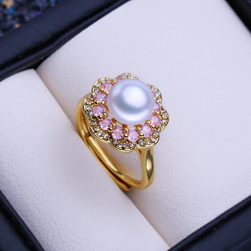 FENASY Natural Freshwater Pearl Zircon Gold Color Adjustable Women\'s Ring Fine Bridal Jewelry