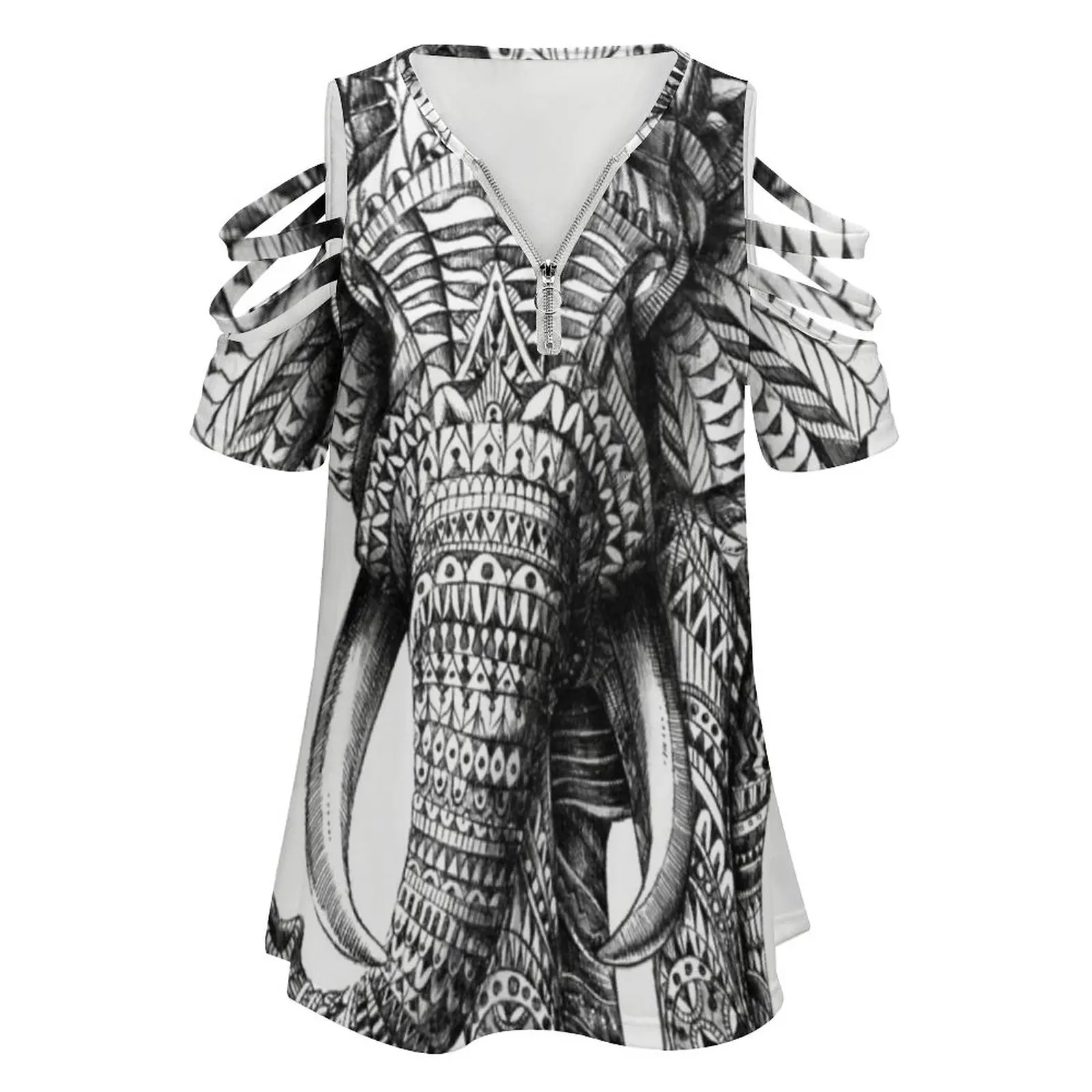 Ornate Elephant Women T-Shirt Crewneck Casual Short Sleeve Tops Summer Tees Elephant Ornate Pattern Ben Kwok Benkwok Bioworkz