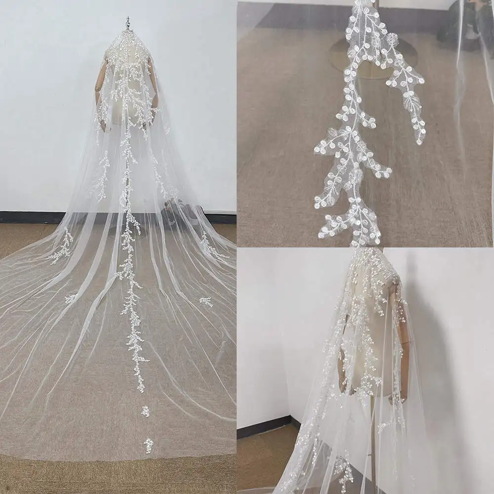 

White Ivory Bride Veils One Layers Lace Appliques Sequin 3M Cathedral Tulle Veil Customized Wedding Accessories