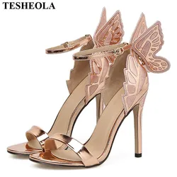 Sandales à ailes de papillon pour femmes, cuir verni Stiletto, robe de soirée sexy, Parker ouvert, talons hauts, chaussures à plateforme pour dames, nouveau design