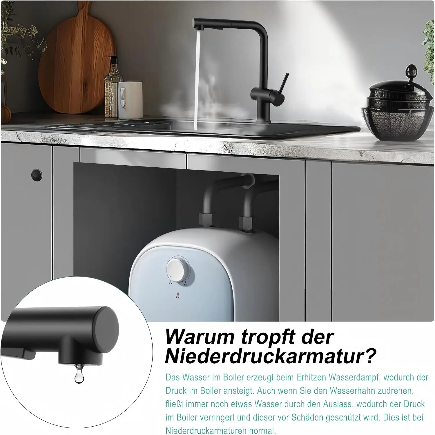 Oeegoo 2-teiliger Niederdruck-Küchenschrank Schwarz, 360 ° Drehbar, mit zwei Wassersprüharten, geeignet für niedrigen Druck – Detail 6