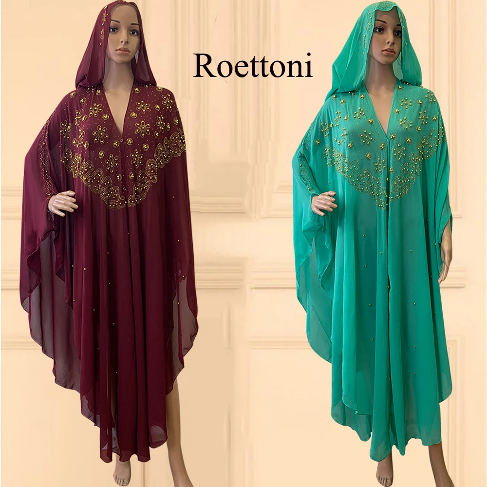 Muslim Kaftan Abaya Dress Women Dubai Open Outfit Turkish Stones Chiffon Hooded Dress Elegant African Loose Boubou Beads Luxury