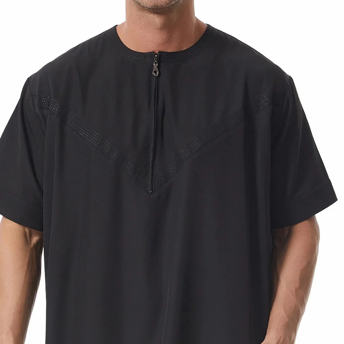 Muslim Men Zipper Robe Short Sleeve Jubba Thobe Eid Djellaba Clothing Turkey Kaftan Thobes for Man Abaya Daffah Dishdasha