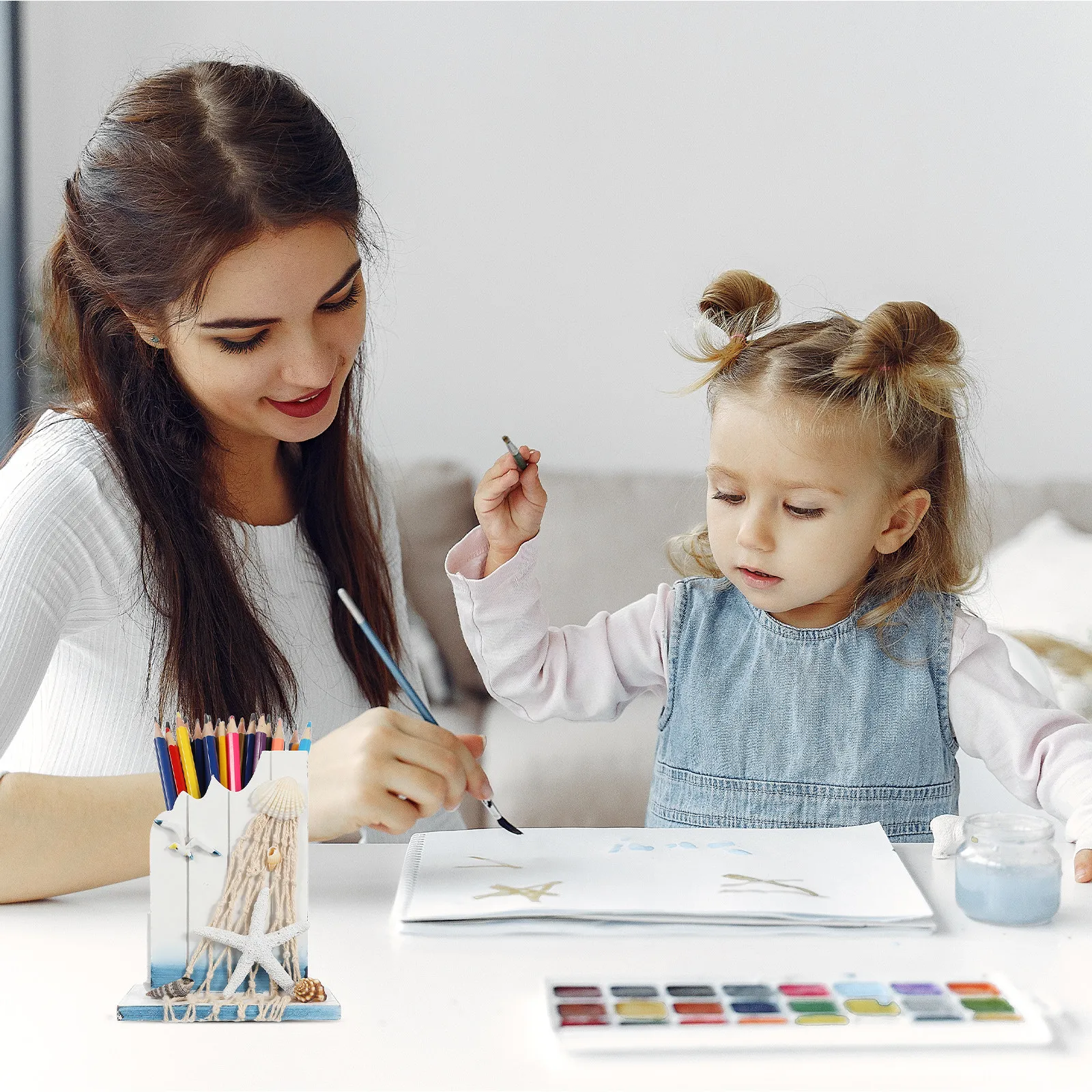 

1Pcs Wooden Pen Container White Premium Wood Pen Holder Desk Organizer Sea Star Decoration Stationery Brush Pot Home Office