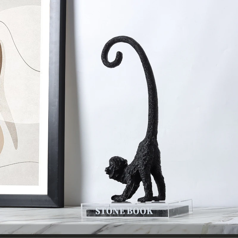 Modern Wabi Sabi style black long tailed monkey ornaments home desktop decoration resin crafts home accessories birthday gifts