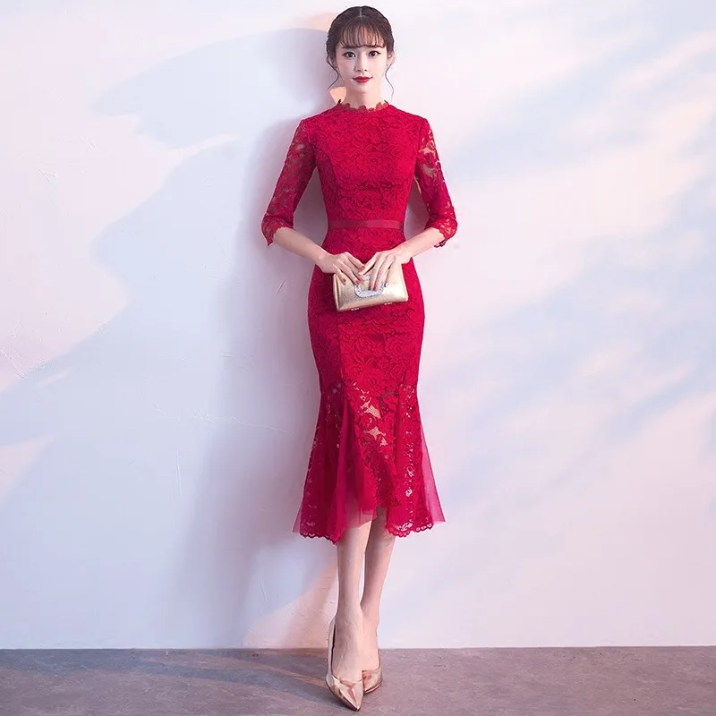 Bridal Toast Dress Cheongsam 2025 New Spring Red Lace Evening Dress Mermaid Wedding Qipao Dress