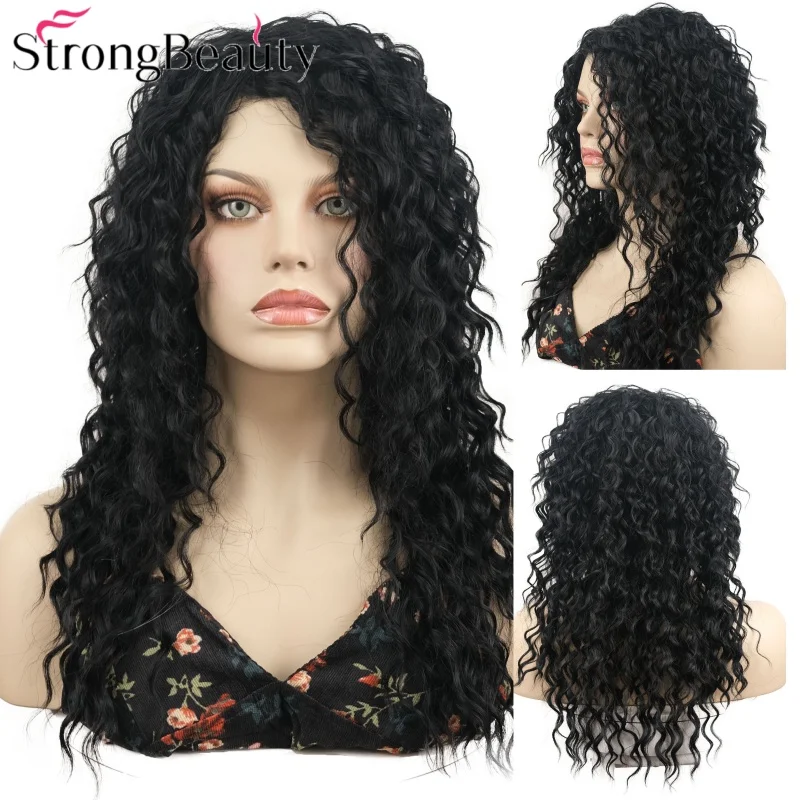 

StrongBeauty Длинные вьющиеся черные синтетические парики Женский мягкий парик Термостойкие волосы