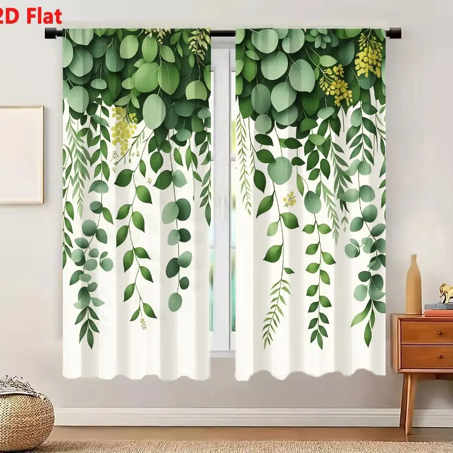 2Pcs Curtains 2D Flat Lush Vertical Green Foliage With Eucalyptus Leaves And Ferns On Off White Background Window Drapes for Bed