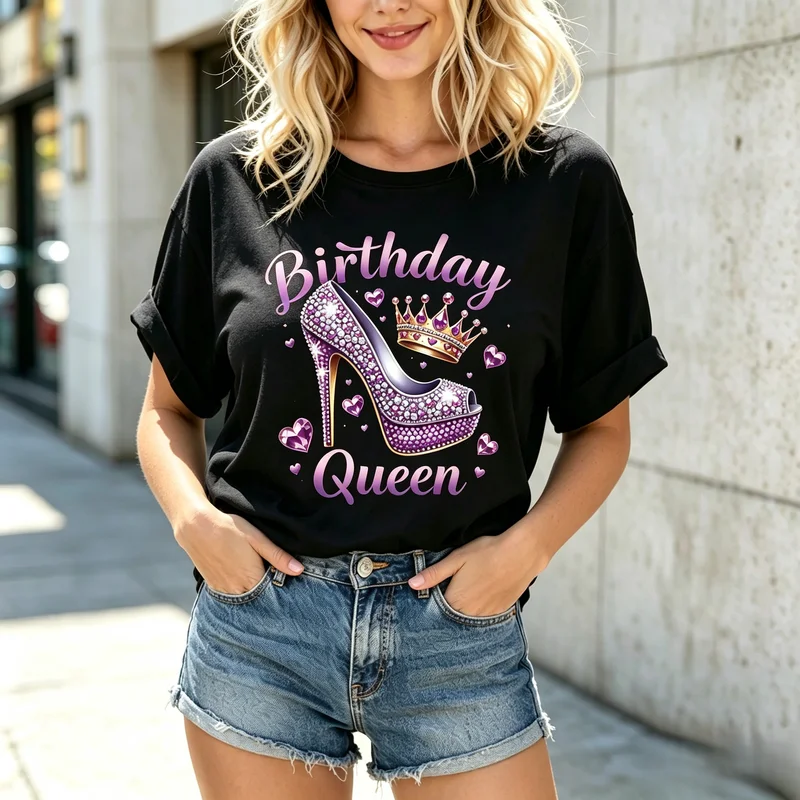 Birthday Queen Graphic T Shirt Purple High Heel Crown Short Sleeve Crewneck Casual Birthday Party Celebration Ladies Tee Tops