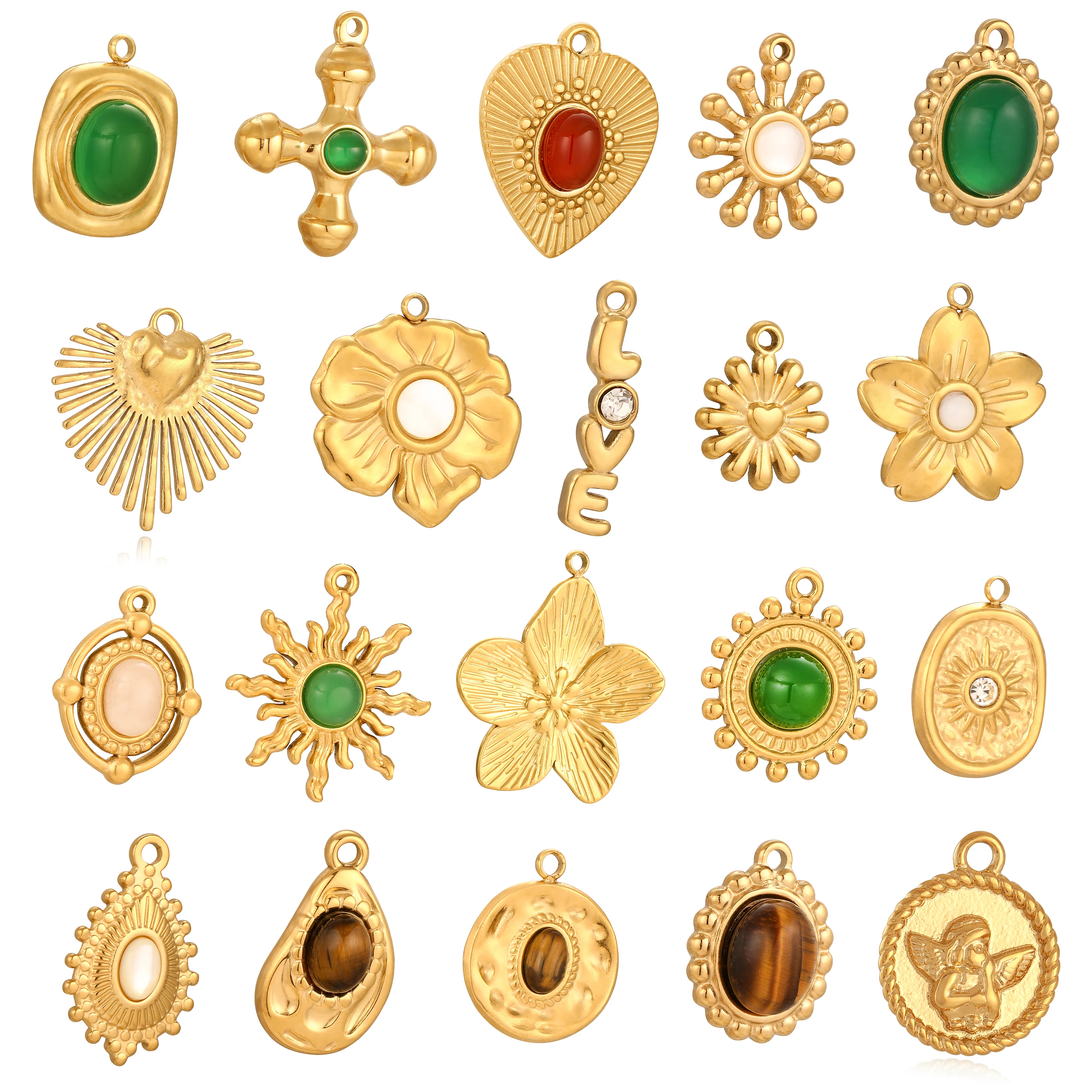3Pcs Stainless Steel Flower/Sun/Heart Charms With Natural Stone /Shell Gold Color Necklace Bracelets Pendants DIY Jewelry Making